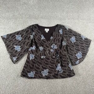 Boho Ann Taylor Loft Petites Brown Floral Bell Sleeve Wrap Blouse Top Size 8P
